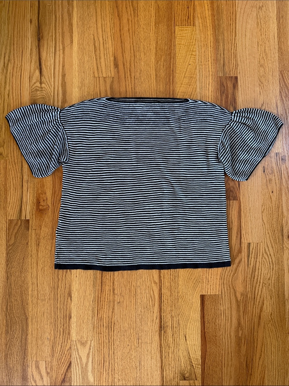 Loft Petites Striped Short Bell Sleeve Puff-Sleeve Sweater in Black and White